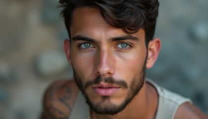 Intense gaze of a young man with striking blue eyes