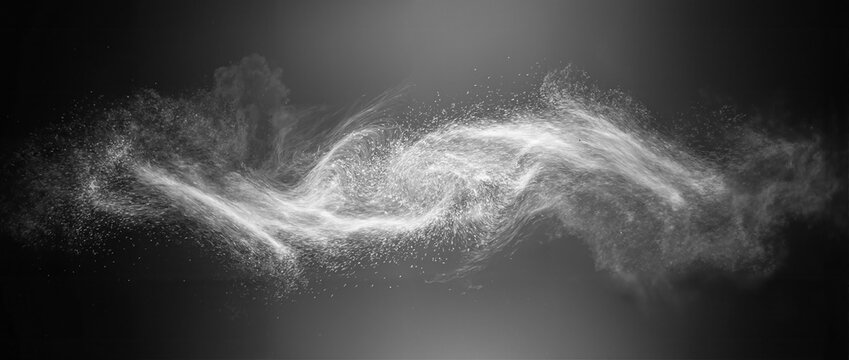 Abstract dynamic white dust particles swirling in a vortex pattern, resembling cosmic energy or smoke on a dark, monochromatic background.