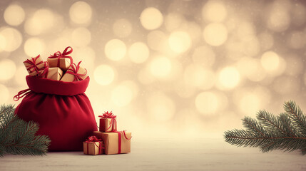Festive holiday scene with a red sack filled with gifts and decorated with evergreen branches, perfect for Christmas celebrations.