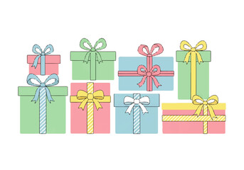 Illustration of nine colorful gift boxes with bows, arranged in a row against a white background.