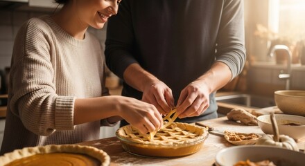 Couple preparing festive pumpkin pie with lattice crust in kitchen for Thanksgiving dinner. Homemade baking tradition.
