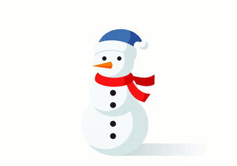 Cartoon snowman with a blue hat and red scarf standing on a white background.