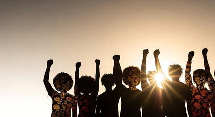 Powerful silhouettes of diverse group raising fists in unity against sunset, promoting social justice and equality for all, celebrating freedom