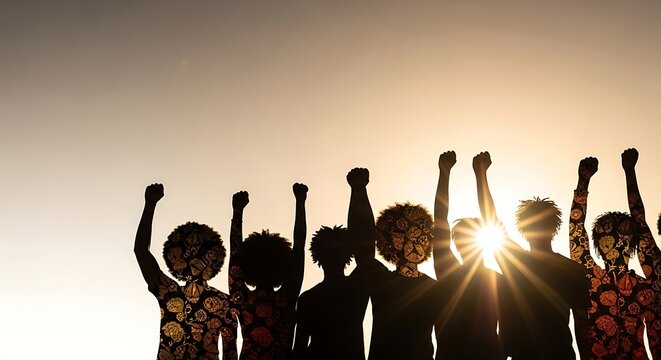 Powerful silhouettes of diverse group raising fists in unity against sunset, promoting social justice and equality for all, celebrating freedom