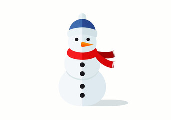 A cheerful snowman wearing a blue hat and red scarf stands against a white background.