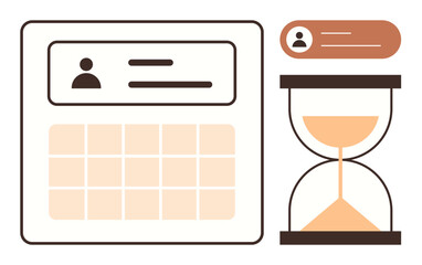 User interface elements showing profile, calendar grid, and hourglass. Ideal for time management, planning, personal organization, deadlines, productivity tools scheduling and workflow. Minimal