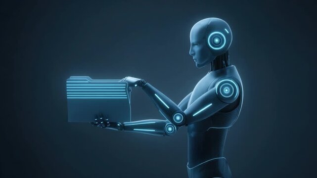 Futuristic humanoid robot holding digital folder with glowing elements in dark background 4k video footage