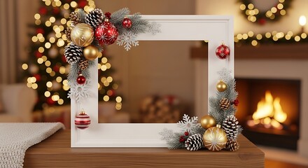 A festive holiday frame is decorated with ornaments and pinecones, set against a cozy Christmas scene with a lit fireplace and tree.