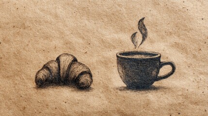 Hand-drawn croissant and coffee cup on grain