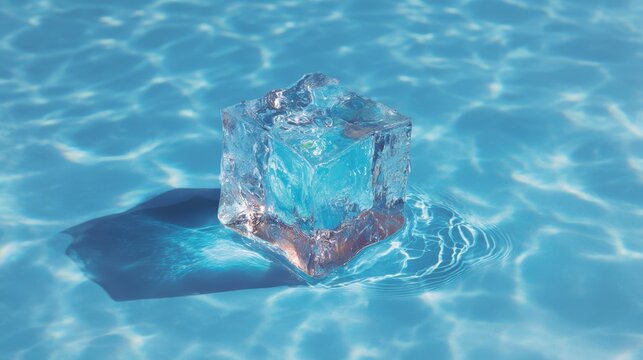 Ice cube with cyan painted water ripples