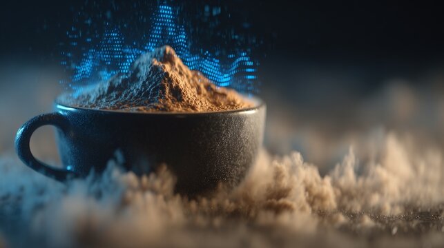 Coffee cup with floating blue digital graphics - Powered by Adobe