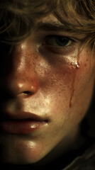 Fototapeta premium Ultra-detailed cinematic shot capturing a teen boy’s tear sliding across his cheek in warm torch glow