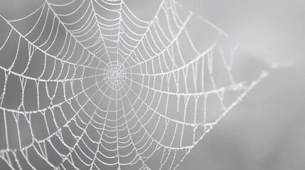 A detailed view of a spiderweb covered in glistening dewdrops, creating a delicate and intricate pattern against a soft, out-of-focus background. A natural and serene composition.