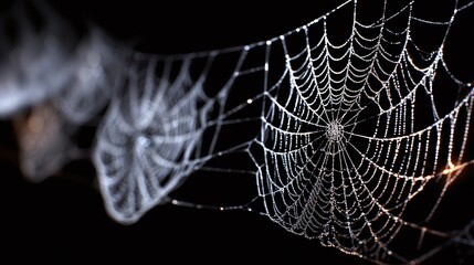Glistening spiderwebs catch the light, delicate yet strong. A symbol of nature's artistry, reflecting resilience and patience in its intricate design, with its mesmerizing beauty.