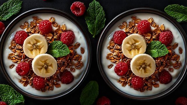 Two Bowls of Yogurt Parfait with Granola Fresh Raspberries and Banana Slices on a Dark Background