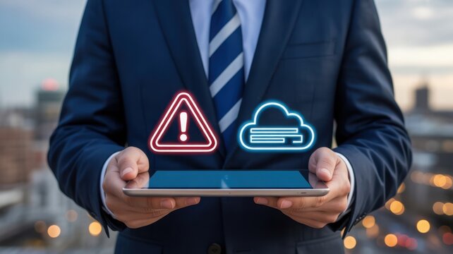 A man in a suit holding a tablet with the cloud and alert icons