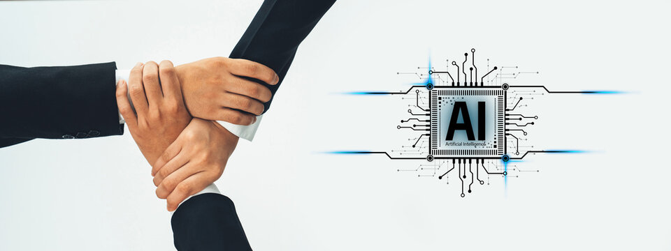 Professionals join hands in a symbolic gesture over a digital circuit, showcasing the merger of technology and collaboration for a brighter, innovative future. Trope