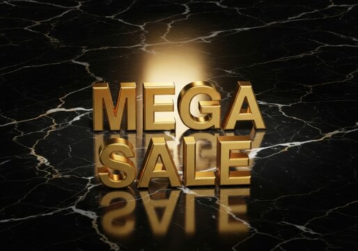 Golden mega sale text reflecting on dark marble surface dramatic lighting