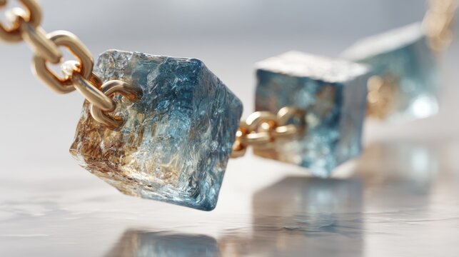 3D Blockchain concept with floating blue and gold cubes - Powered by Adobe