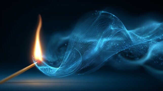 Burning matchstick with blue energy waves