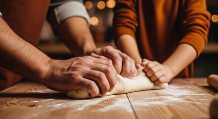 Man and child, with flour on wooden table, preparing homemade dough for baking bread. Cozy family activity and cooking for holiday together concept.