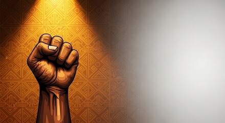 Empowered fist raised in solidarity against textured backdrop, embodying strength, resilience, and social justice for impactful visual storytelling projects