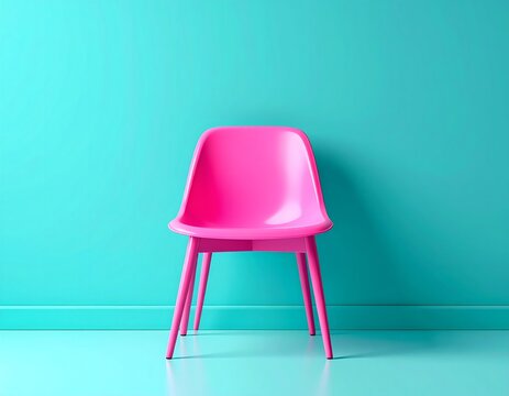 A vibrant neon pink chair stands out against a bright cyan background, minimalist interior design concept
