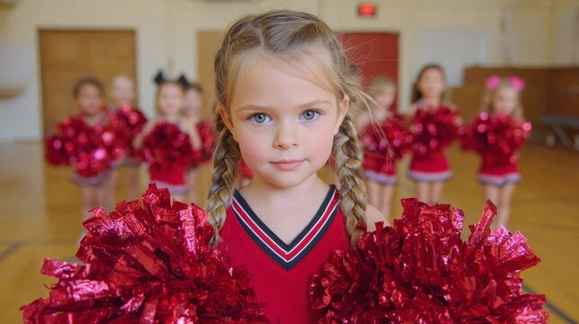 Focused young girl with blonde braids in her red cheerleader uniform, holding red pom-poms, with a group of teammates behind her in the gymnasium, ready to cheer on their team!