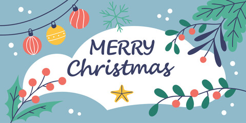 Festive Merry Christmas Greeting Card Template with Gifts, Ornaments, Snowflakes and Holiday Decorative Elements in Flat Colorful Style
