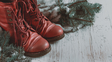 Warm red winter boots surrounded by pine branches and snow, perfect for Christmas and holiday-themed projects.