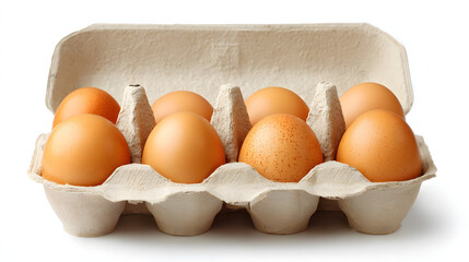 Brown eggs arranged in a carton on a pure white backdrop.