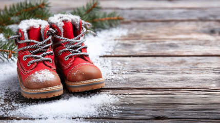 Cozy red winter boots covered in snow, ideal for festive seasonal themes and holiday preparations.