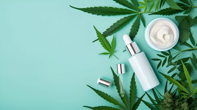 Marijuana cannabis topic concept. cannabis skincare products on turquoise background with cannabis leaves and cannabis buds.