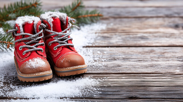 Cozy red winter boots covered in snow, ideal for festive seasonal themes and holiday preparations.