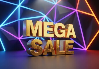 Golden mega sale text illuminated by neon geometric lights vibrant display