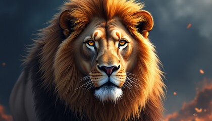 Fototapeta premium Majestic lion with a fiery mane gazing intensely