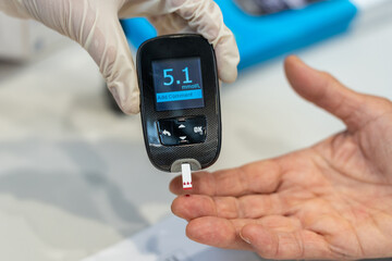 Hand testing blood glucose level with glucometer