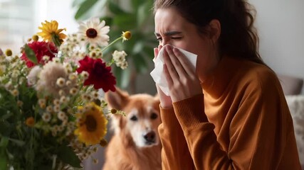 Spring pollen season. Allergy. A woman in a mustardcolored sweater is blowing her nose with a tissue, surrounded by a bouquet of flowers and a dog. The womans expression is one of distress.