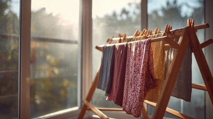 Cozy Indoor Laundry Scene with Colorful Fabrics Drying in Natural Light by a Window on a Sunny Day