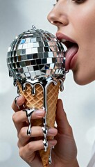 A woman licks a shiny, mirrored disco ball ice cream cone, blending playful indulgence with a modern twist on classic treats.