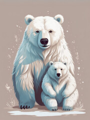 Mother polar bear with cub in tender embrace rendered in soft watercolor style. Winter wildlife illustration with gentle blue and white tones creates peaceful Arctic scene.