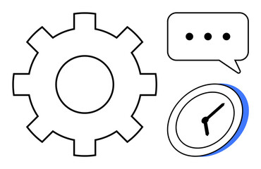 Gear symbolizing process, clock representing time, and speech bubble for dialogue. Ideal for teamwork, productivity, time management, communication, efficiency, organization simple flat metaphor
