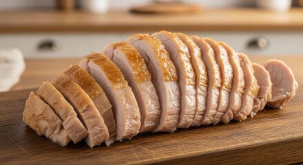 Succulent sliced turkey breast displayed on rustic wooden board ready for serving