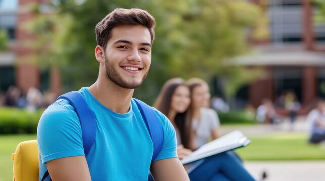 Young male student smiling outdoors at school campus with classmates nearby
