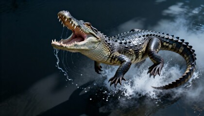 A crocodile leaps out of the water, showcasing its powerful jaws and sharp teeth, with splashes surrounding it in a dramatic display.
