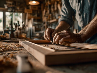 A hyper-realistic photo of a carpenter crafting a wooden picture frame in a woodworking studio.