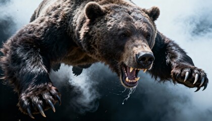 A powerful grizzly bear leaps through the air, showcasing its strength and ferocity against a dramatic, smoky backdrop.