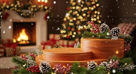 A festive Christmas scene with a lit fireplace, decorated tree, and a wooden display stand adorned with pinecones and greenery.
