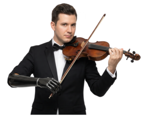Violinist with Prosthetic Arm Performing on White Background