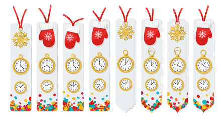Illustration of holiday themed bookmarks with clocks snowflakes and mittens design